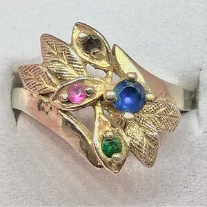 Birthstone Ring • Mother’s Stone & 3 Child Stones• Gold Tone Leaf Motif • Size 7